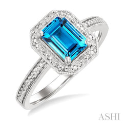 7x5 MM Octagon Shape Blue Topaz and 1/50 Ctw Single Cut Diamond Semi-precious Ring in Sterling Silver