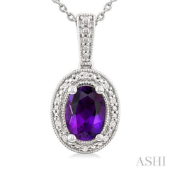 7X5 MM Oval Shape Amethyst and 1/50 Ctw Single Cut Diamond Semi-precious Pendant With Chain in Sterling Silver