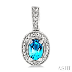 6X4 MM Oval Shape Blue Topaz and 1/50 Ctw Single Cut Diamond Semi-Precious Earrings in Sterling Silver
